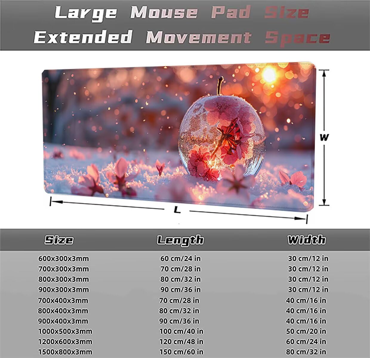 Tappetino per Mouse Gaming XXL 1200x600x3mm – Ufficio Mousepad Grande – Migliora la Velocità e la Precisione Tenuta Stabile Sottomano per Ufficio e Casa Accessori Scrivania – Nevicare Fiore LMDT11028