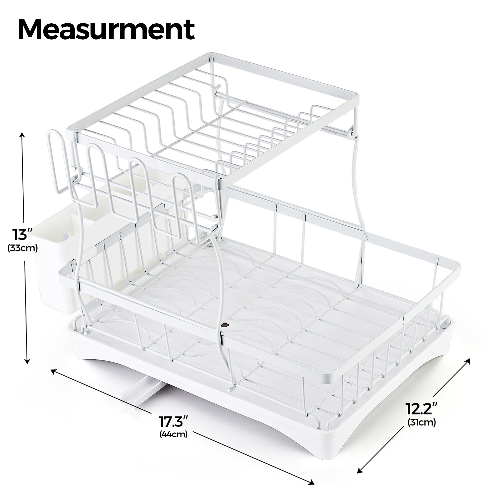 Dish Drying Rack, Dish Rack for Kitchen Counter, Over Sink Dish Drying Rack with Drain Board, 2-Tier Large Capacity Dish Drainer Organizer Shelf with Utensil Holder, Wine Glass Holder - White