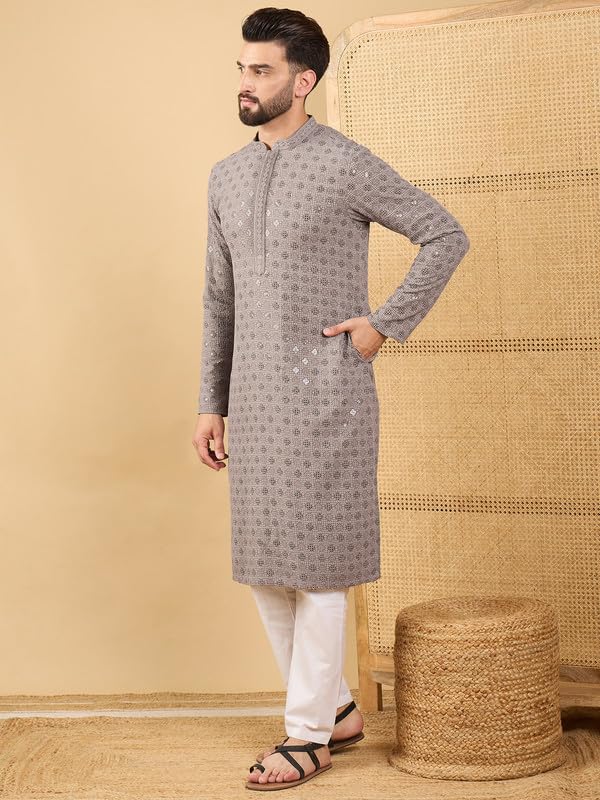 Image of Men's Solid Embroidered Long Straight Kurta | Men's Kurta | Embroidered Chikankari Kurta for Men | Straight Fit Kurta for Men