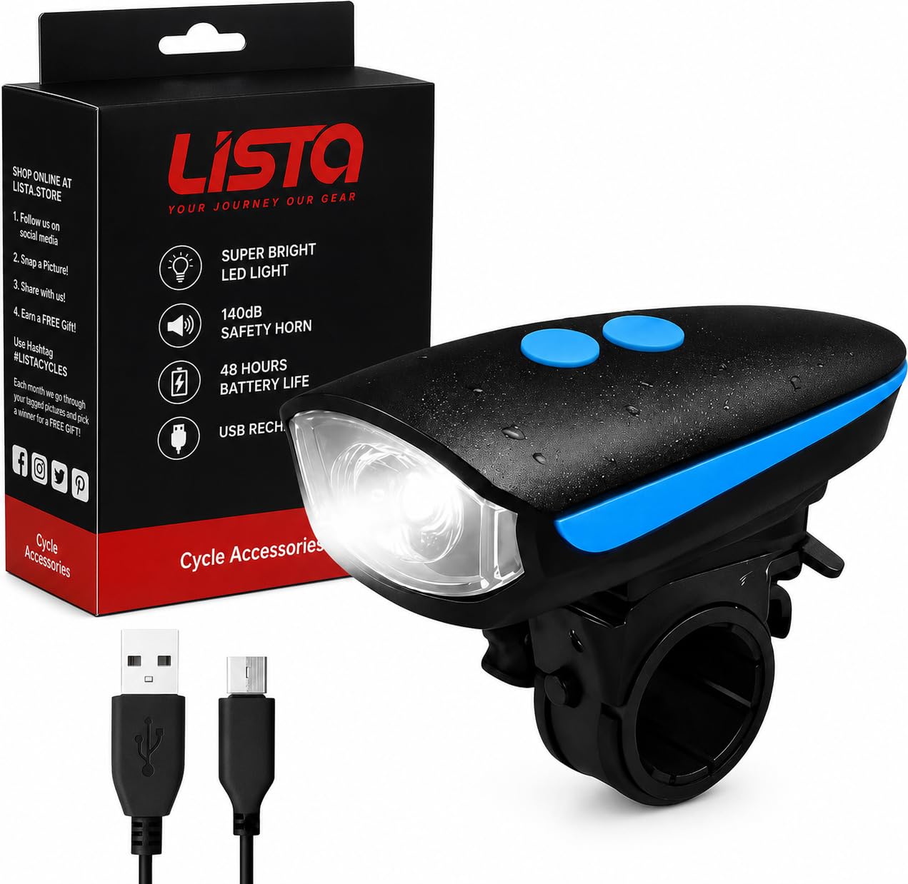 Lista 2-in-1 Rechargeable - Cycle Light (3 Modes) Cycle Light and Horn/Cycle Lights Rechargeable Waterproof (140 dB) Cycle Light with Horn Cycle LED Front Light(6 Months Warrenty)-image-14