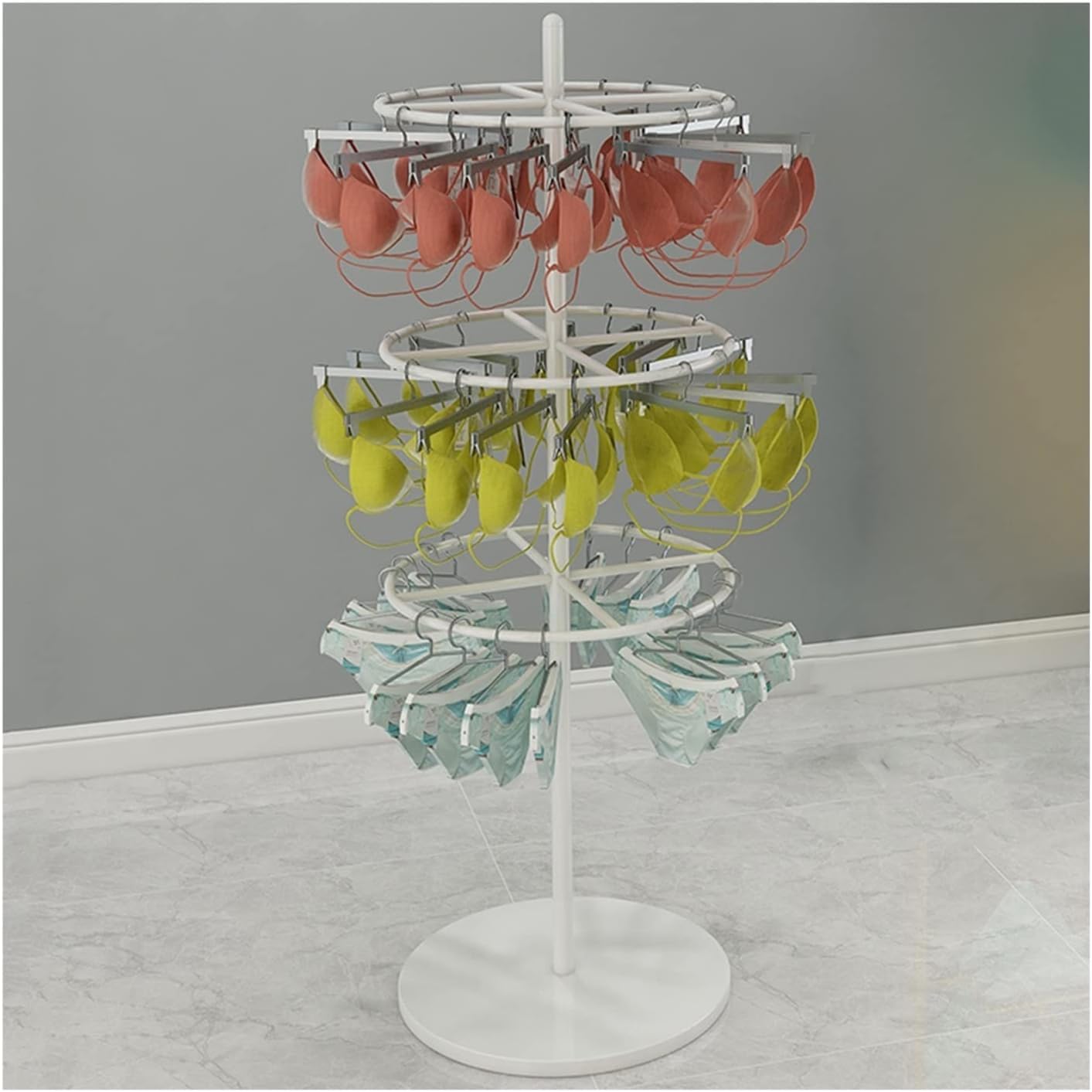 DETMOL Multifunctional clothes rack display for shops, rotatable, for underwear, linens, towels, scarves, socks and shorts. Ideal for boutiques and retail stores.