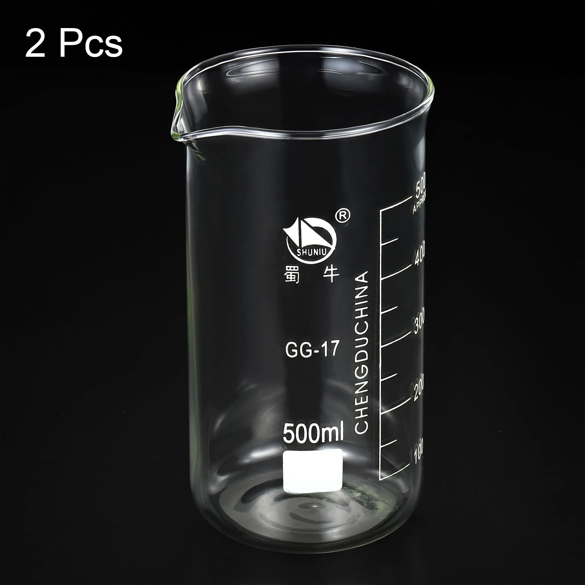 PATIKIL 500ml Alto Forma Vidrio Cubilete, 2 Paquete 3.3 Borosilicato Vidrio Graduado Impreso Escala Medición Tazas con Caño para Cocina Laboratorio Líquidos