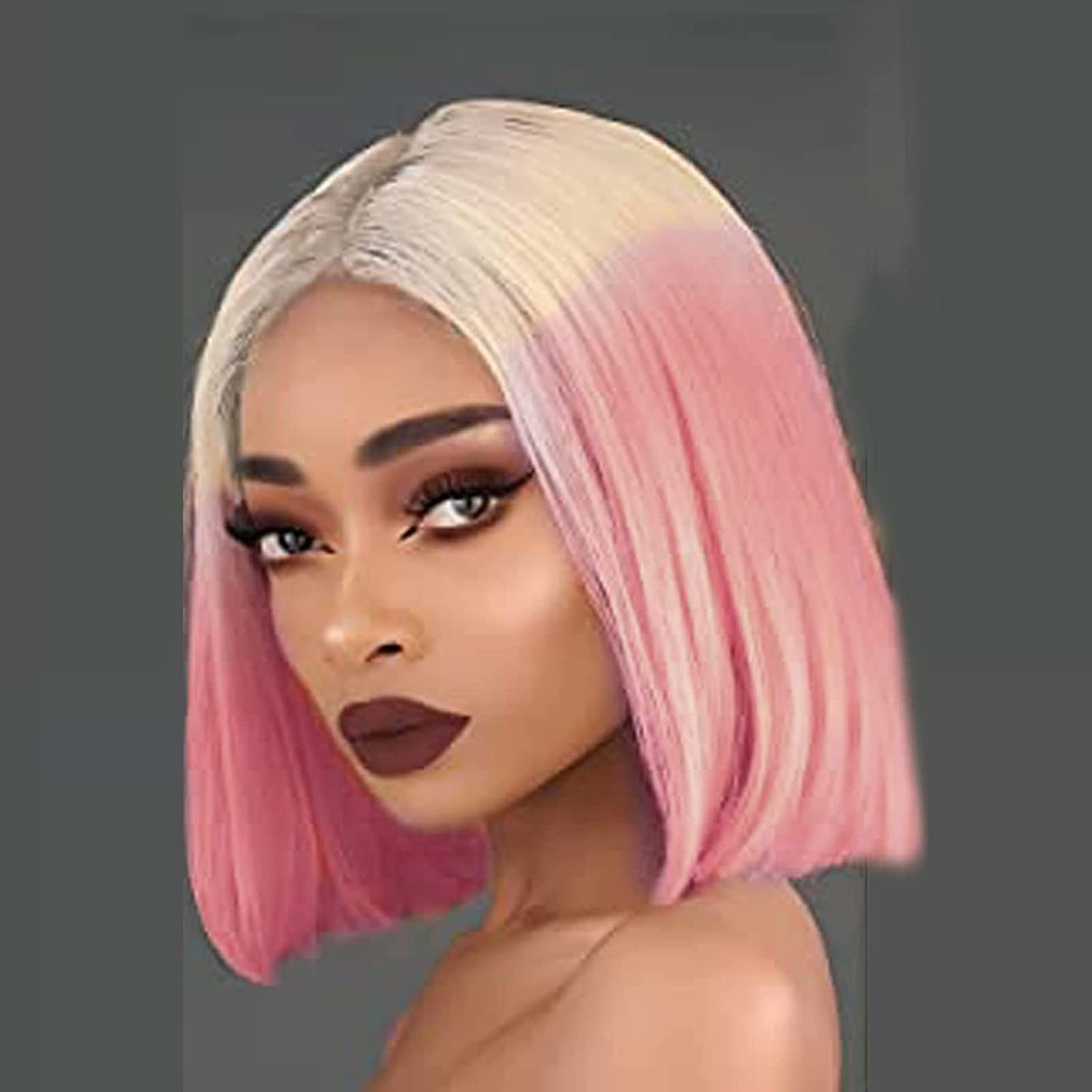 Pink Blonde Short Wigs for Black Women Rainbow Bob Lace Front Wig Handmade Lace Frontal Pastel Real hair Wigs Glueless Synthetic Heat Resistant Cosplay Makeup Daily Afro Ladies Drag Anime 14 Inch - Image 2