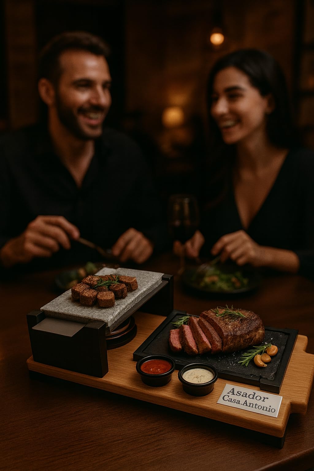 PIEDRASAR Piedra Volcánica para Asar, 15x20 cm, Set con Plato de Pizarra, Quemador de Alcohol y Salseros, Base de Roble