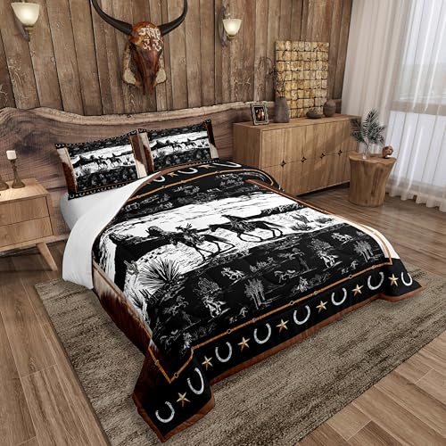 Juego de ropa de cama de caballo blanco y negro edredón matrimonial vaquero 3