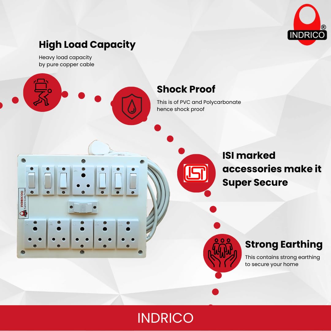 INDRICO® Extension Box 6 Sockets and 6 Switches, Fuse with Heavy Duty Cable White (5 Meter) — Amazon image 6