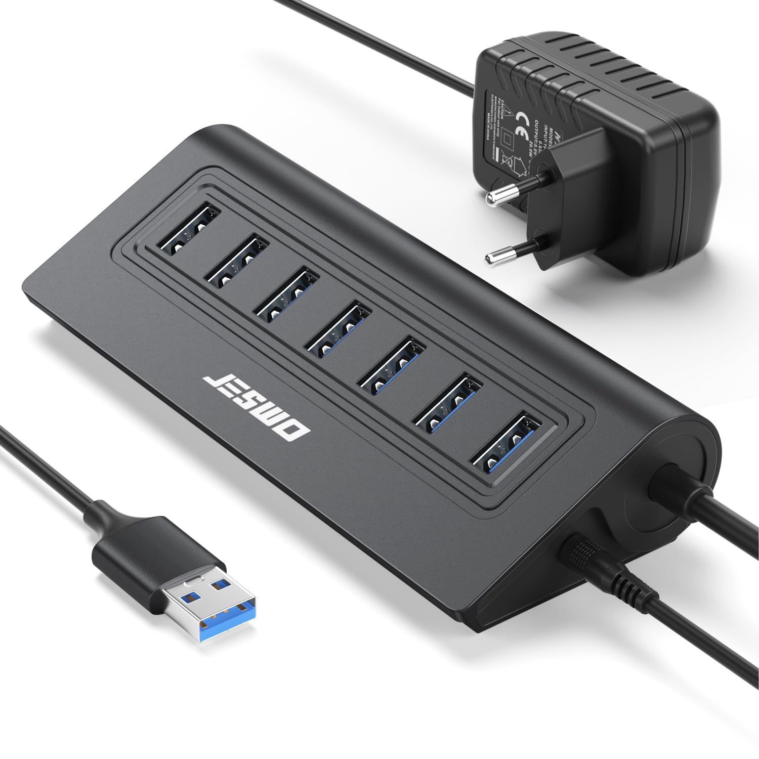JESWO Hub USB attivo 3.0 con alimentatore di rete, hub USB 3.0 in alluminio, 7 porte, distributore USB, 5 Gbps, con alimentatore di rete 5 V/4 A e cavo da 100 cm, per PC, laptop, compatibile con
