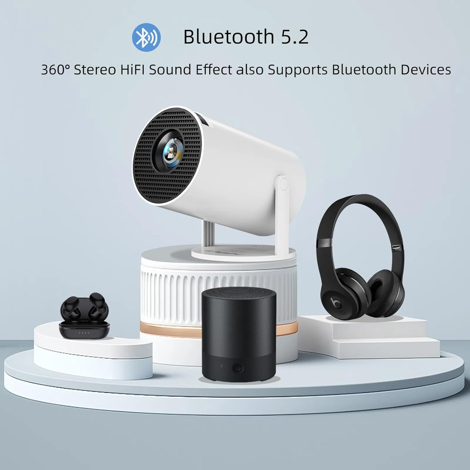 SQUADO Mini Proiettore Intelligente WiFi, Supporto 2.4G 5G con Correzione Automatica 4K, Proiettore Rotondo Portatile per Viaggi con Telecomando