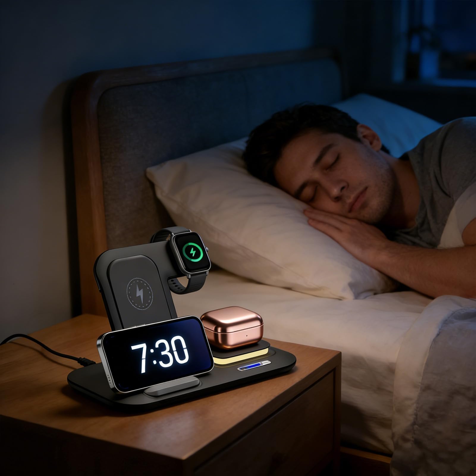 Bezprzewodowa łAdowarka,Stacja łAdująCa 3 w 1 do iPhone 17 16 15 14 13 12 11/Pro/Max/Plus,Indukcyjna Bezprzewodowa łAdowarka z Lampką Nocną do Apple Watch 10/9 z Airpods 3/2/Pro,Ciemnoczarna