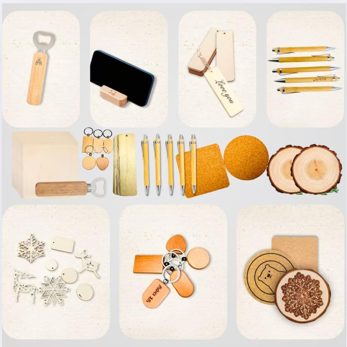 Mroy mio 135-teiliges Lasergravurmaterial-Set, 27 Arten Lasergravierer, Rohlinge für Laserbasteln, inklusive Holz, Acryl, Stoff, Stein, PU-Leder, Kieselalgenschlamm Materialien