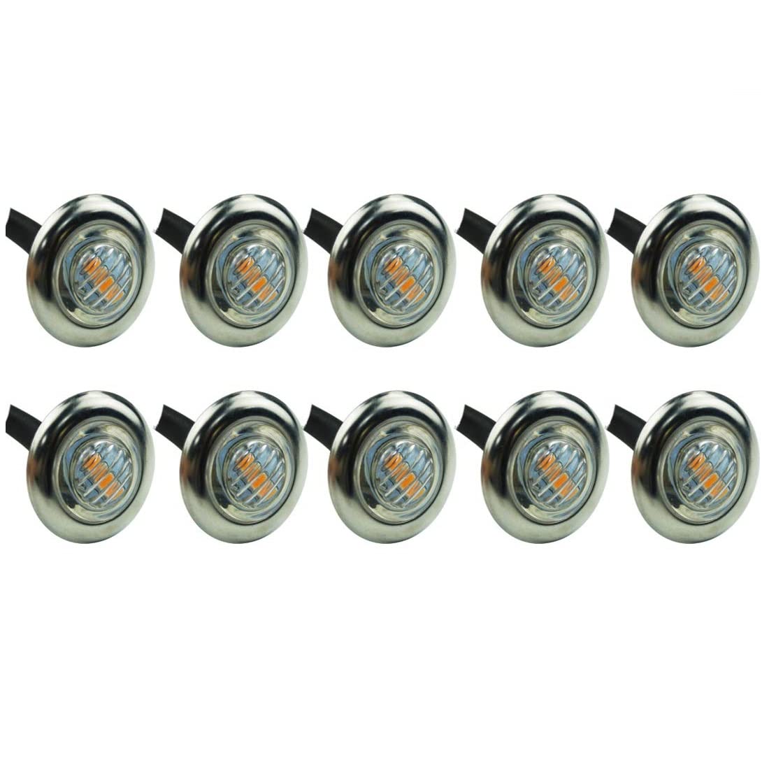 OPAP 10pcs 3/4 inch Round Side 3pcs LEDs Marker Trailer Bullet License with Stainless Steel 304 Trim Ring Bezel Amber Light+Clear Lens