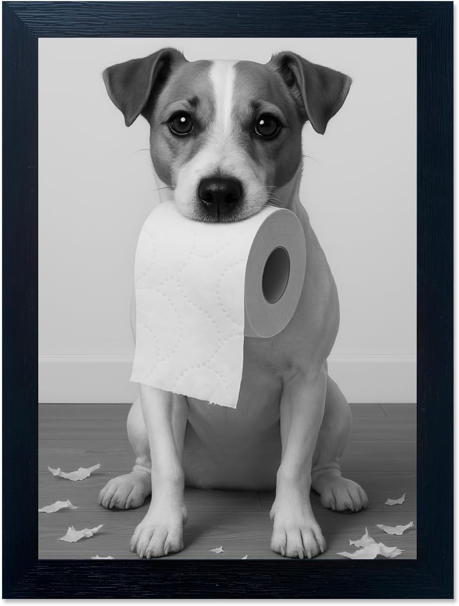 Framed Dog Canvas Print - Funny Bathroom Wall Art Featuring Playful Dog & Are You Pooping Sign, Black Frame Wall Decor for Farmhouse or Modern Bathroom, Ready to Hang 11x14 In