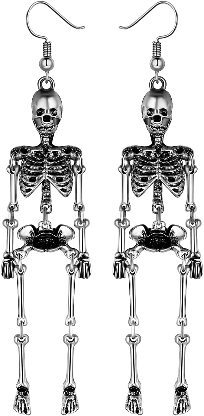 Skull Dangle Earrings Halloween - Women Jointed Skeleton Long Ear Drop Earrings Stud Halloween Costume Accessories Goth Punk Edgy Dangly Hip Hop Rock Ear Piercing Skull Jewelry for Women Men