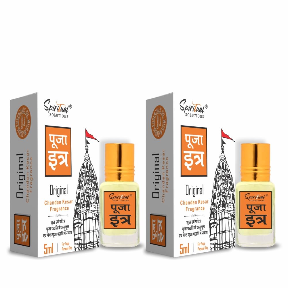 SPIRITUAL SOLUTIONS Pooja Itra Chandan Kesar 5 ML | Premium Pooja Itra for Home and Mandir | Pure and Natural Fragrances for Worship and Meditation, (Pack Of 2)