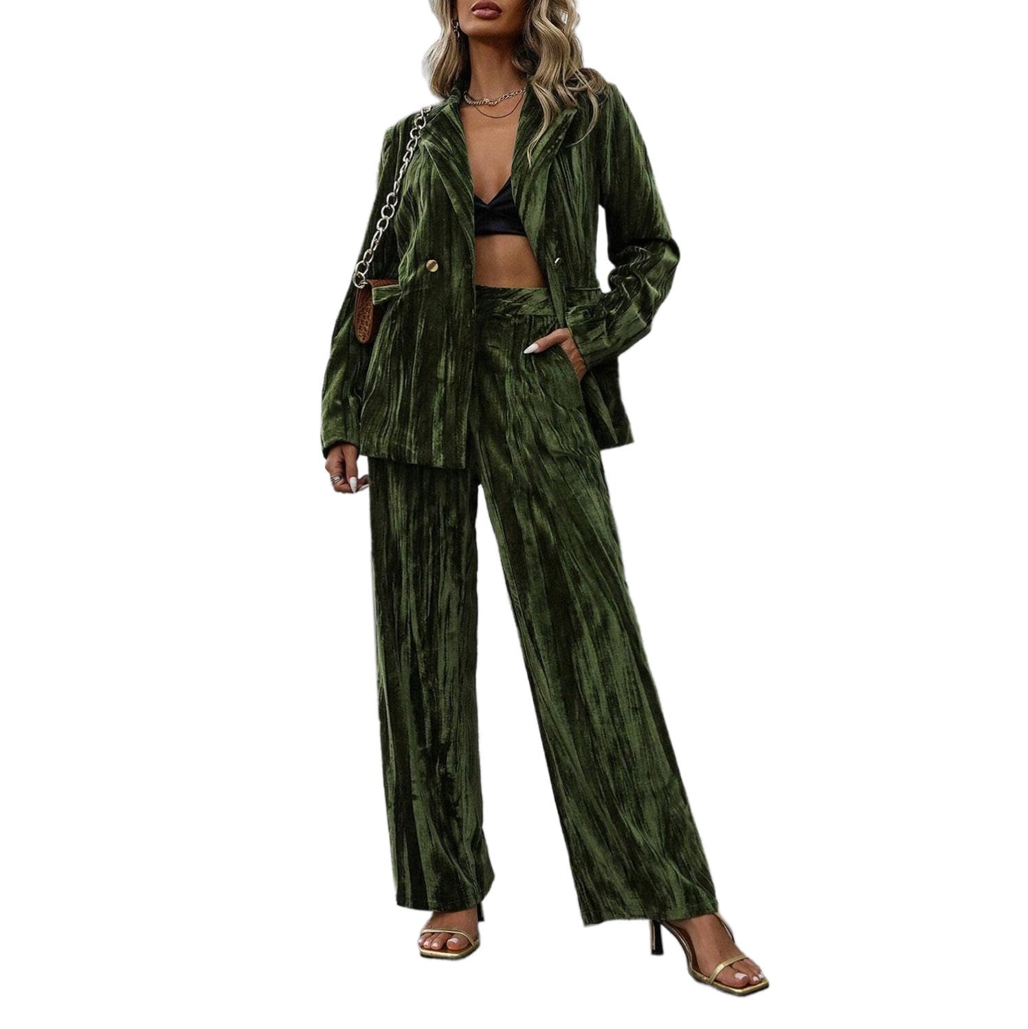 2 Piece Sets for Women Business Pleated Velvet Long Sleeve Button Blazer Wide Leg Pants Suit Sets