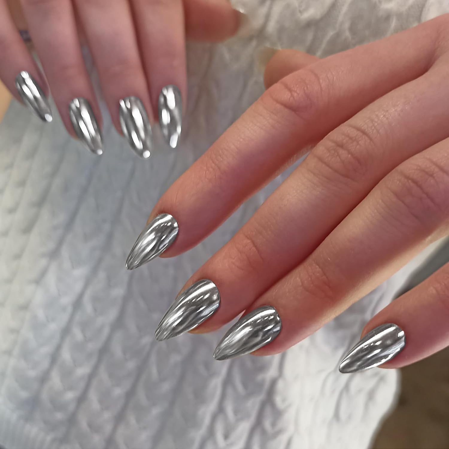 KQueenest Chrome Sliver Press on Nails Almond Medium Glitter Metallic False Nails Medium