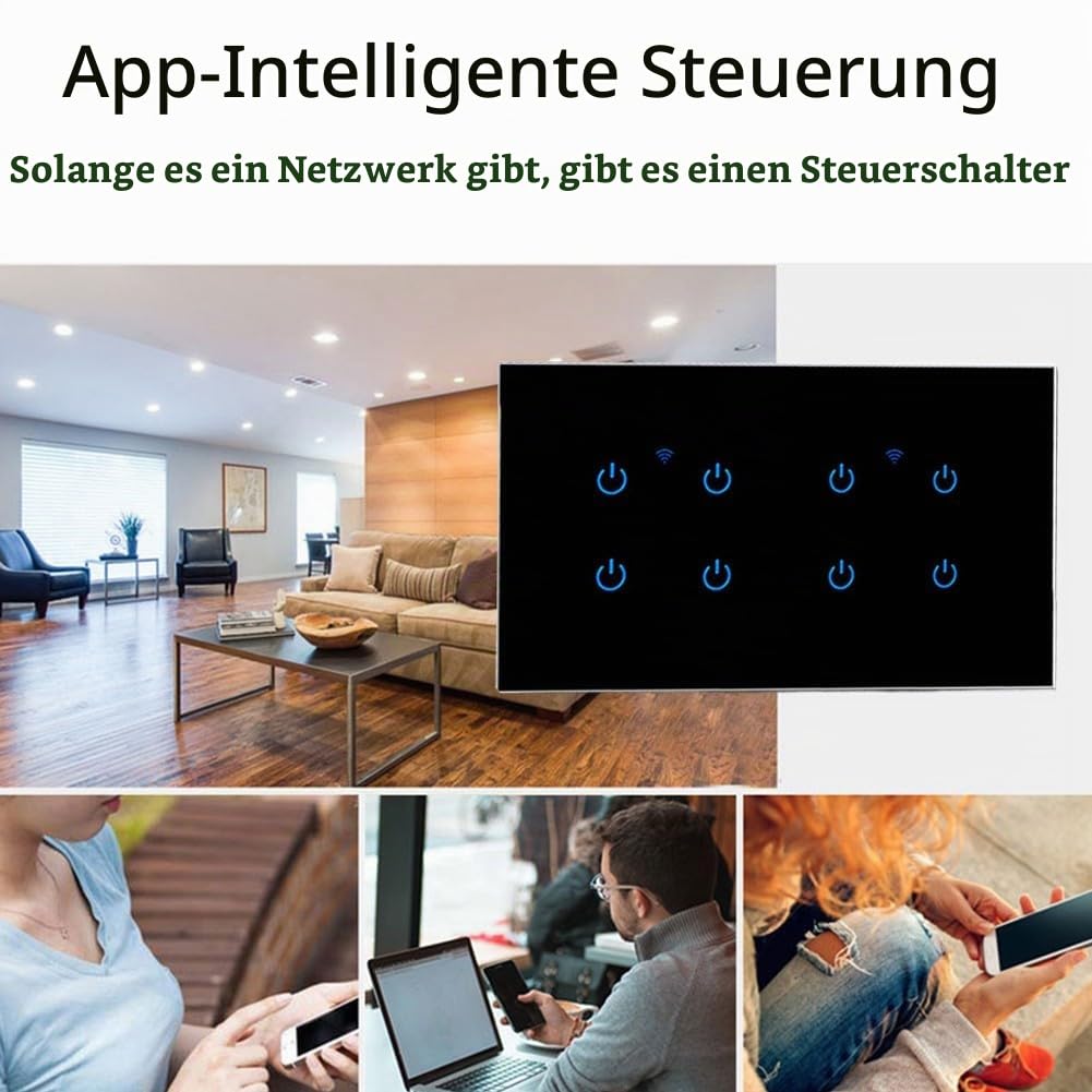 Touch-Schalter Smart Lichtschalter Wifi Schalter Smart Home mit WLAN Glas Touchscreen, für Tuya App Fernbedienung/Sprachsteuerung(8 Gang-Black)