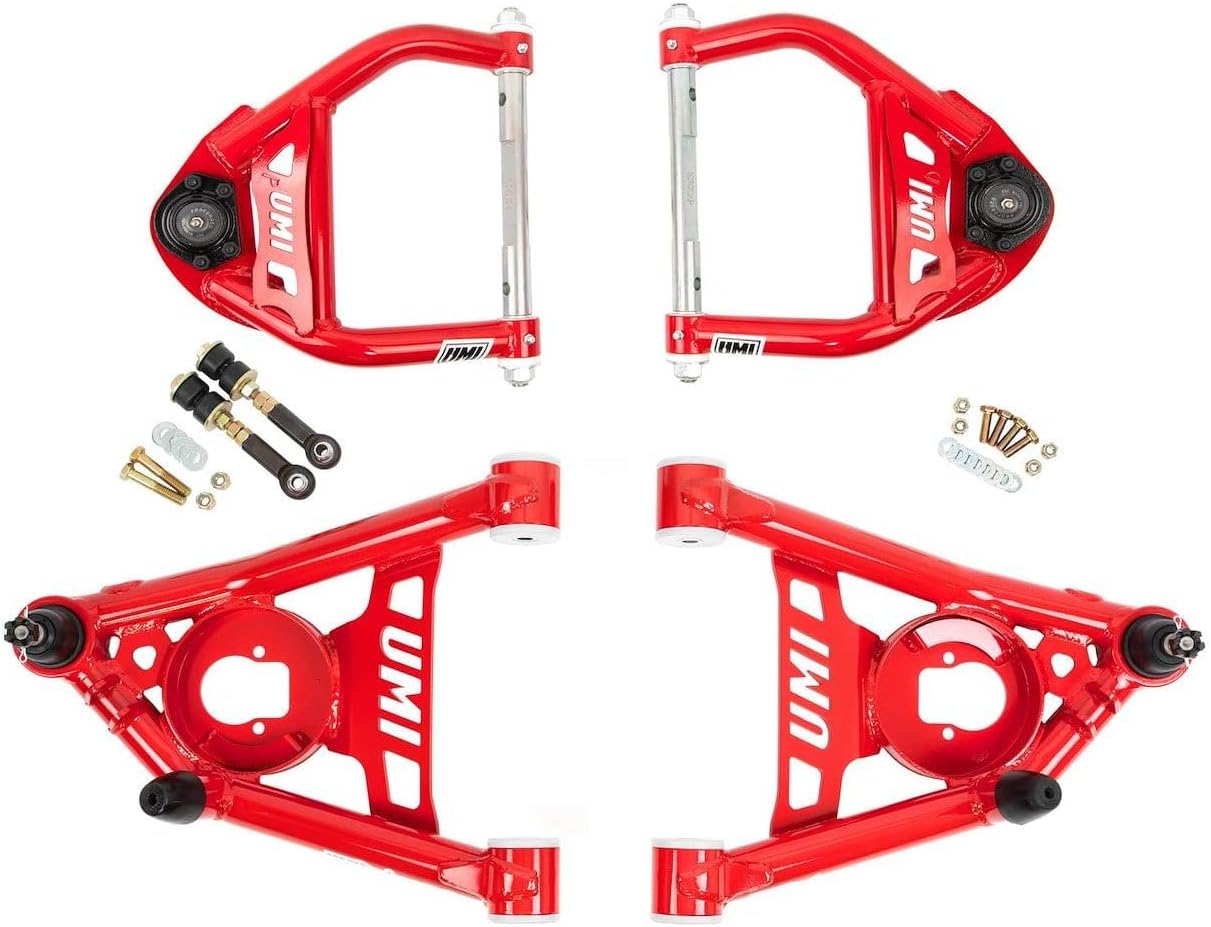 UMI Performance 403233-1-R GM A-Body Upper & Lower Front Control Arm Kit 1/2" Taller Delrin Bush -Red