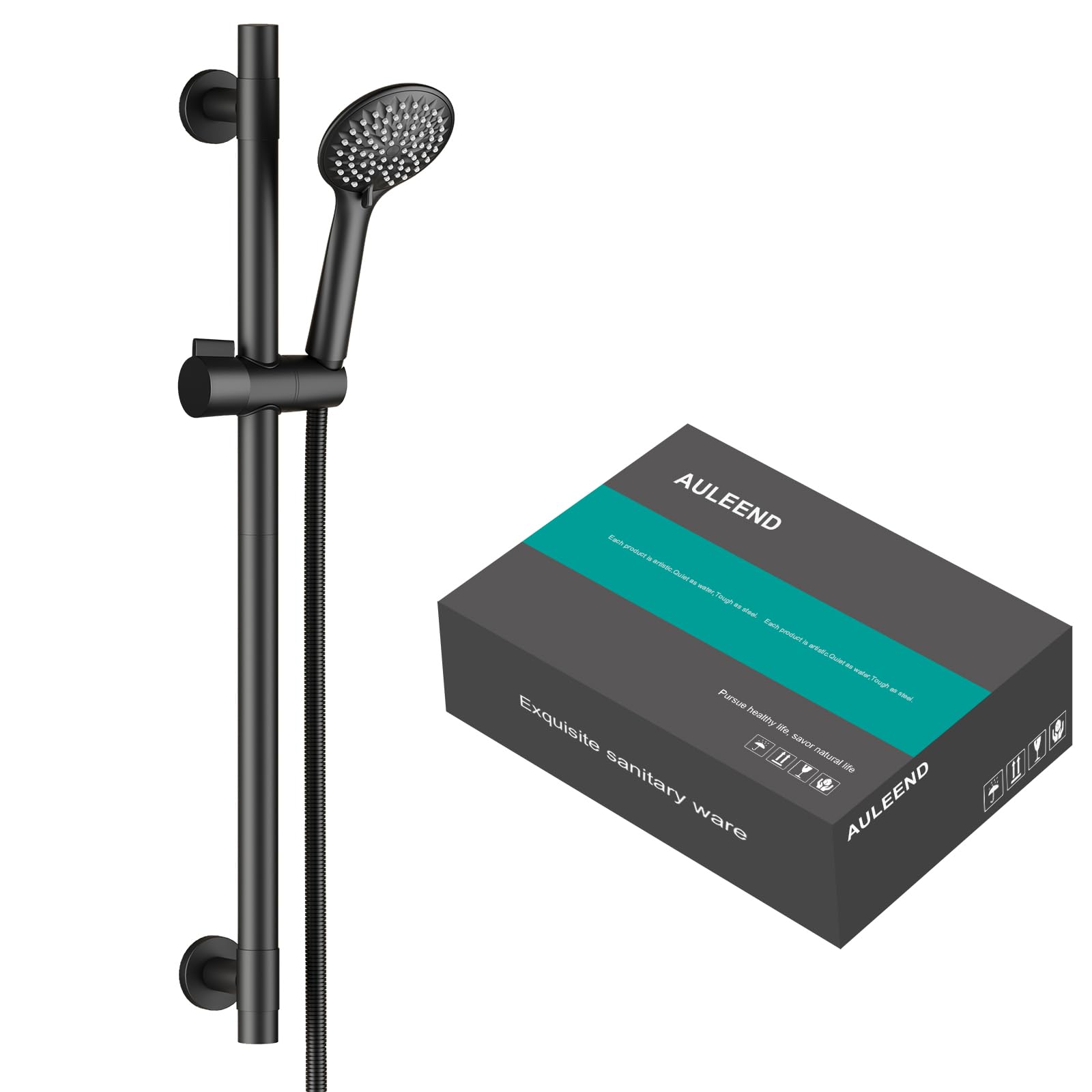 AULEEND Shower Slide Bar Handheld Shower Head with Hose, 5-Function Hand Shower with Wall Mount，Adjustable Height Shower Head (Matte Black)