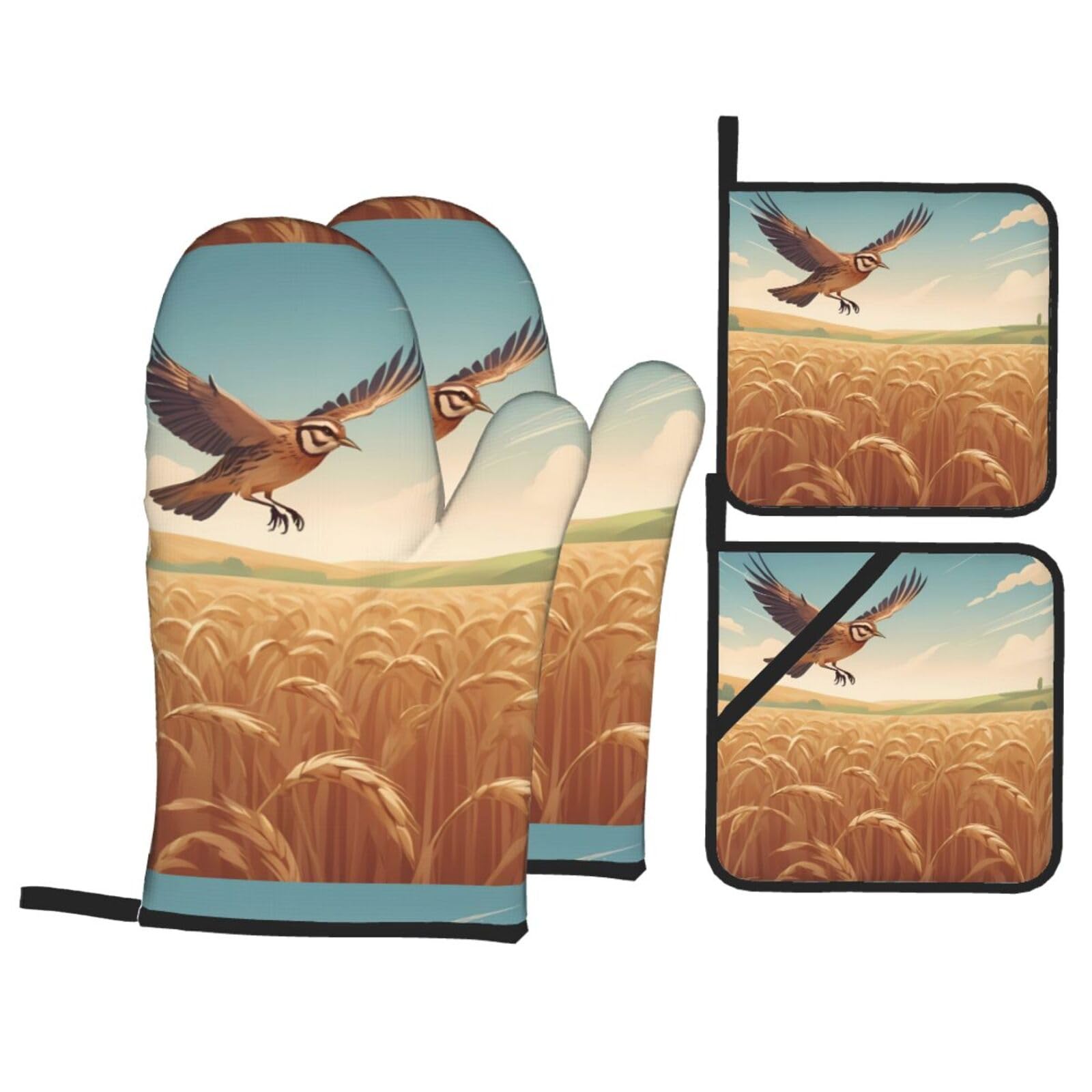 HJFCZH Skylark Flies Over Wheat Field Picture Kitchen Baking Set of 4 Thick Insulated Oven Mitt & Pot Holders, Anti-Scalding for Microwave, Oven, Outdoor BBQ