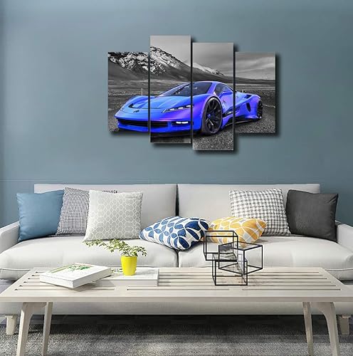 Miniatura 6 de Meigan Art - Póster de pared en blanco y negro, 4 piezas, diseño de automóvil deportivo azul, lienzo grande para habitación de niños, dormitorio,