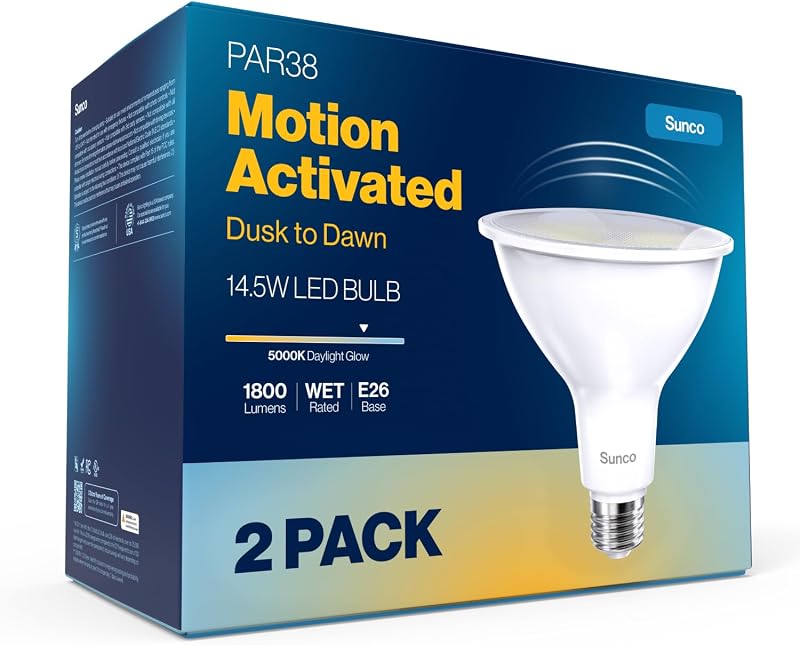 Sunco Paquete de 2 bombillas LED PAR38, de atardecer a amanecer, sensor de movimiento, E26 | Luz diurna de 5000 K, 1800 lm, iluminación de seguridad para exteriores de 14,5 W = 150 W, base media, activado por movimiento, foco con sensor de fotocélula