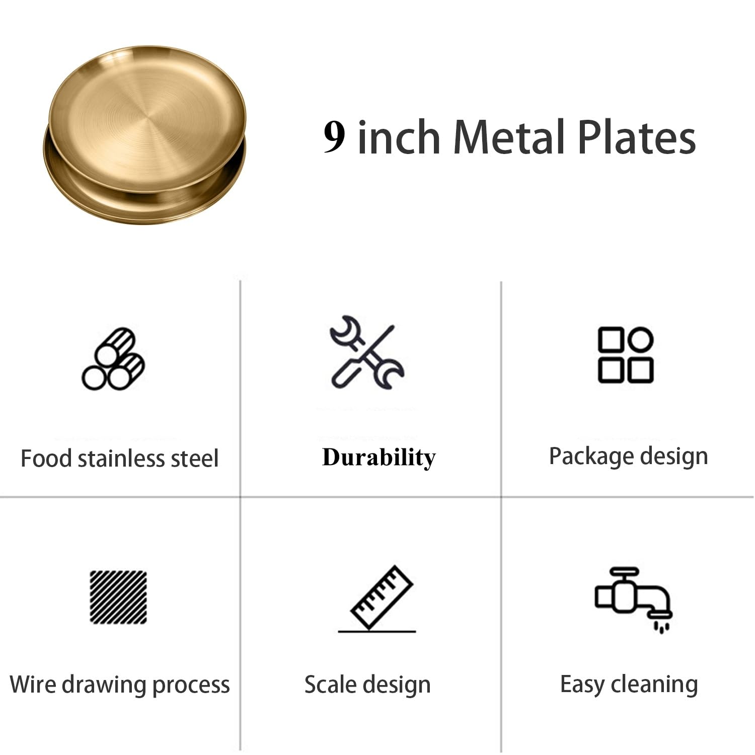 CAMBUY Platos de acero inoxidable de metal dorado, irrompibles, para barbacoa, cocina, hogar, camping, fiesta al aire libre (9 pulgadas, 10 piezas)