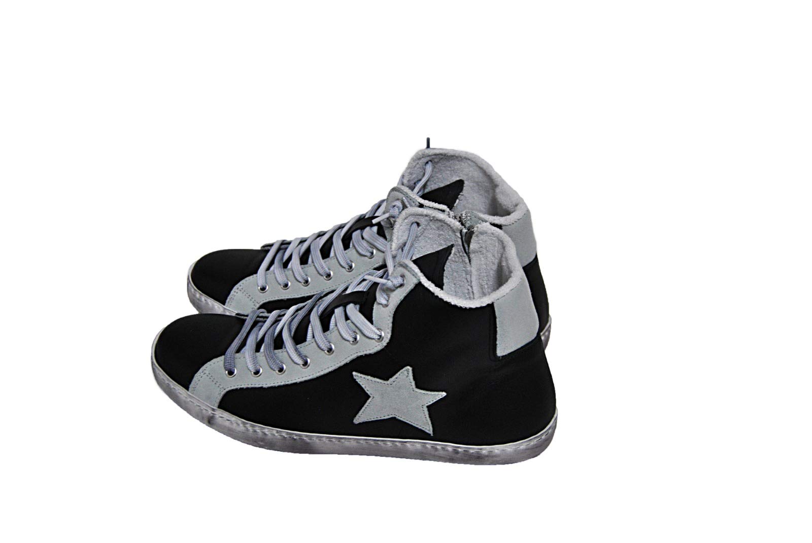 Scarpe Sneakers Alte Uomo Nero Pelle Ghiaccio Stella Cerniera Camoscio Via Condo