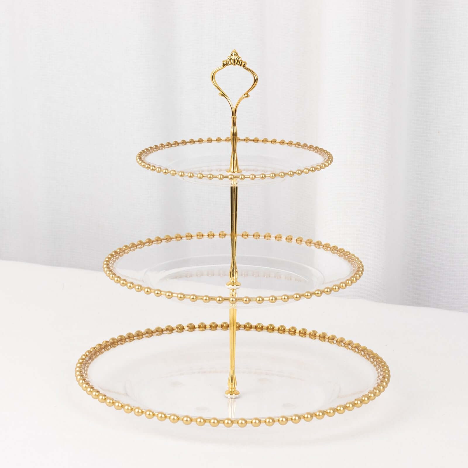 Efavormart Clear 3-Tier Round Plastic Cupcake Tower Stand with Gold Beaded Rim, Dessert Display Tea Party Serving Platter with Top Handle - 14" Tall