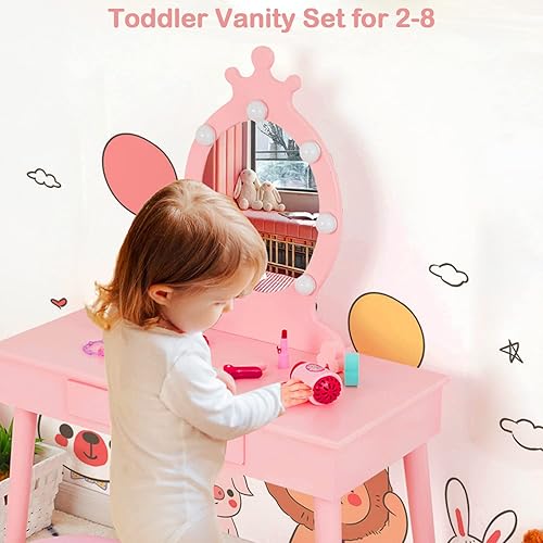 Miniatura 7 de Vabches Juego de mesa y silla para niños, escritorio de tocador para niñas con espejo y luces, tocador de maquillaje con cajón de almacenamiento