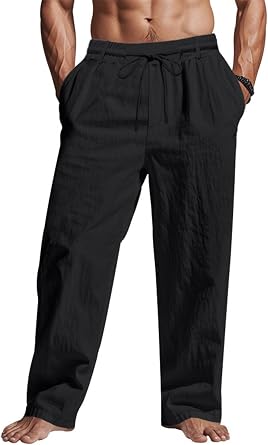 Mens Linen Pants Lightweight Drawstring Elastic Waist Pockets Loose Fit Straight Legs Summer Beach Yoga