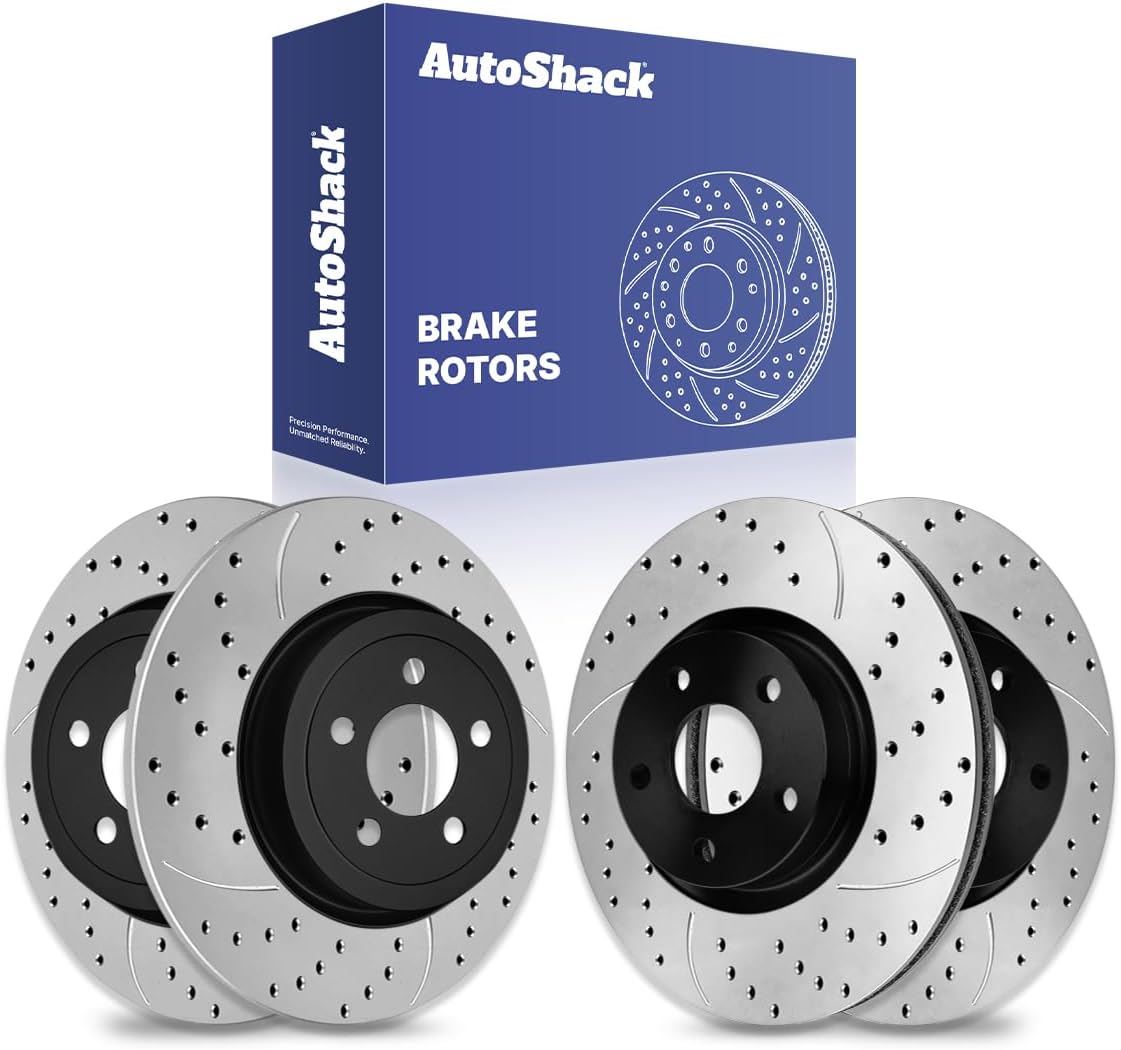 AutoShack Front Vented & Rear Solid Drilled & Slotted Silver Zinc Coated Brake Rotors 4-PC Set Replacement for 2012-2020 Dodge Grand Caravan 2012-2020 Dodge Journey 2013-2015 Ram C/V SilverShield Pro