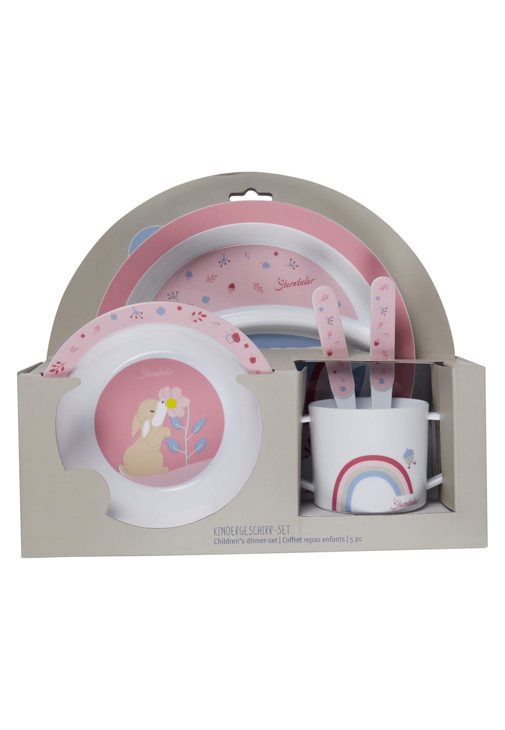 Sterntaler Geschirrset Hase Hanni - rutschfester Teller mit Unterteilung, Henkeltasse, Breischale, Löffel & Gabel - lebensmittelecht & robust - Geschenkidee für Babys und Kleinkinder, quarzrosa