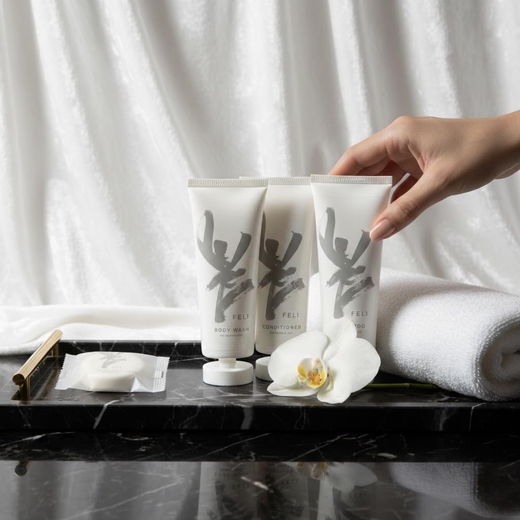 Feli Kit Cortesia Hotel – Shampoo 30 ml, Balsamo, Docciaschiuma Saponetta 20 g – Sacchetto Elegante – Ideale per Hotel, B&B, Agriturismi (S, 25, unità)