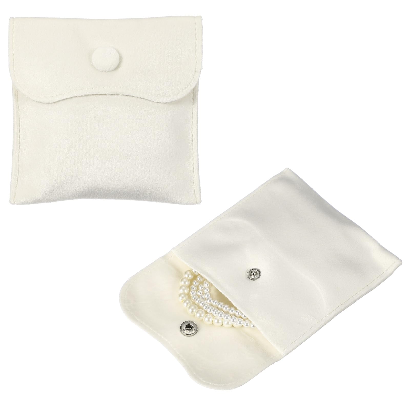 sourcing map 2 Pcs Velvet Jewelry Pouches with Snap Button 10x10cm Small Storage Bags Gift Soft Jewelry Organizer Portable Packaging Fit for Necklaces Bracelet Rings Earings Watch, White