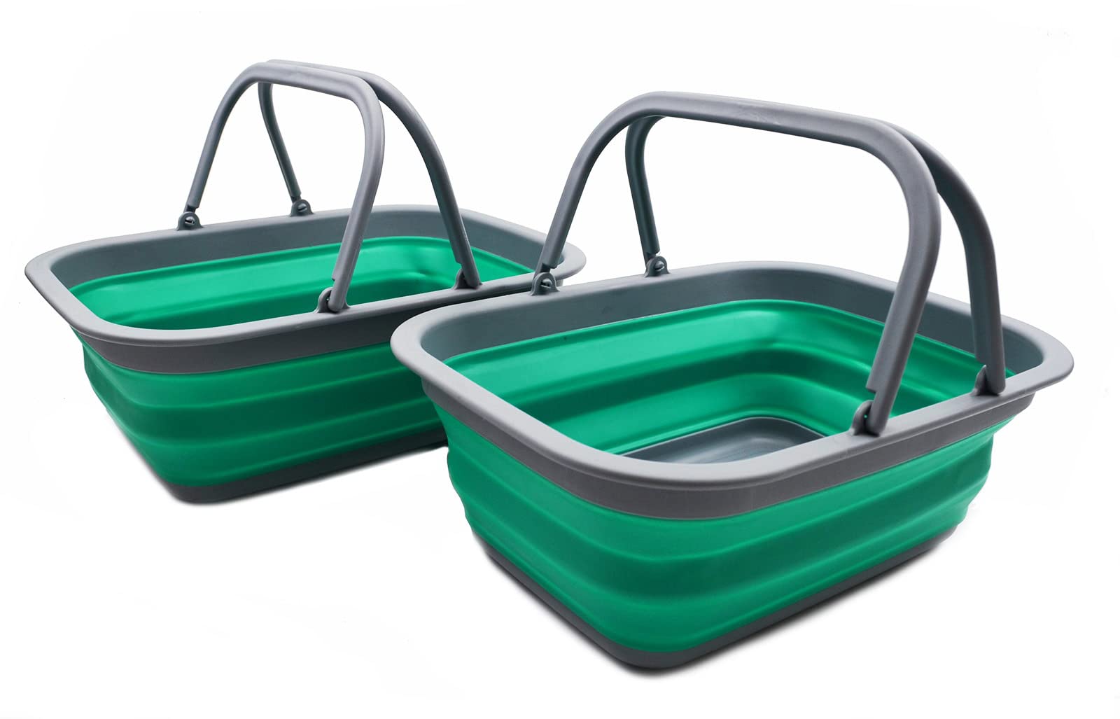 SAMMART 9.2L Collapsible Tub with Handle - Portable Outdoor Picnic Basket/Crater - Foldable Shopping Bag - Space Saving Storage Container (Grey/Bluish-Green (Set of 2))