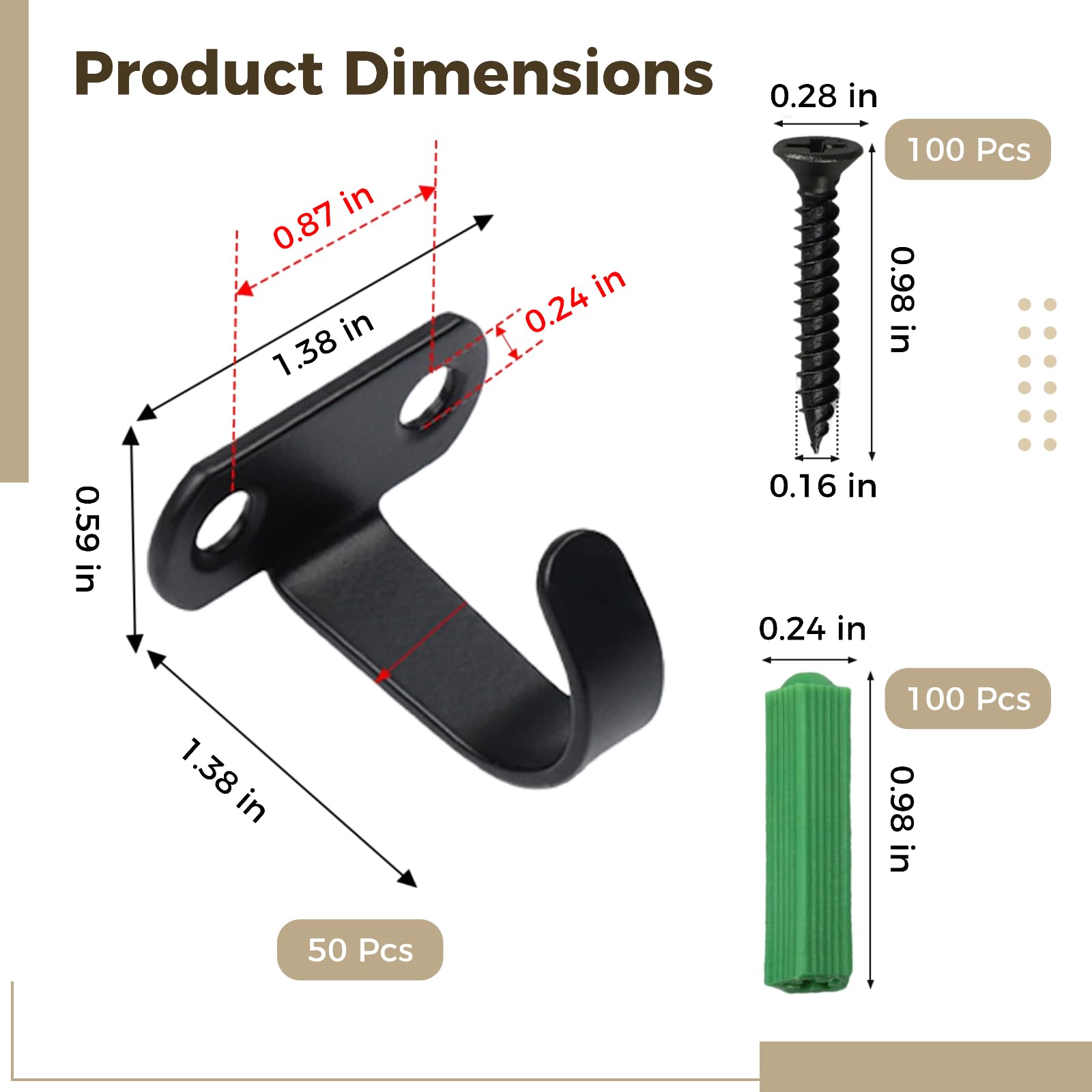 50 ganci in acciaio inossidabile nero con 100 viti e ancoraggi, ganci da soffitto da 3,6 cm, rivestiti di nero, ganci a vite da parete per casa, cucina
