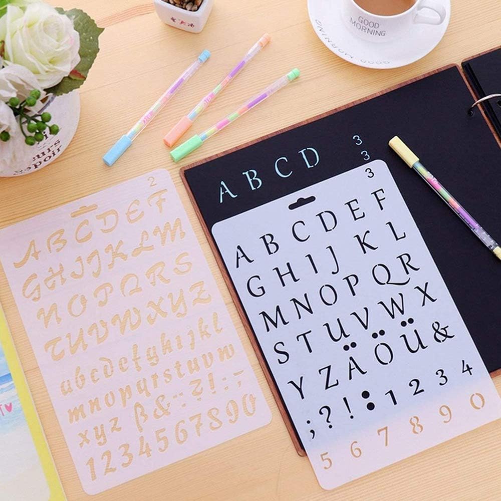 Pack of 8 Plastic Alphabet Letter Number Drawing Painting Stencils Scale Template Sets for Bullet Journal Stencil Planner/Scrapbook/DIY Painting Craft Projects