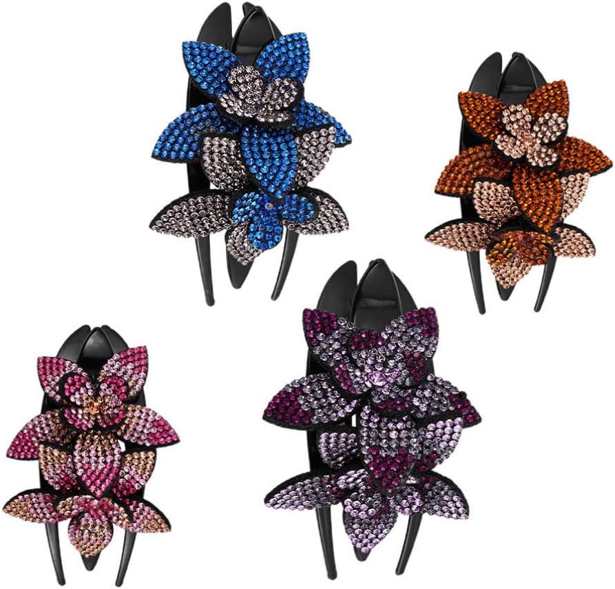 Lurrose 4Pcs Flower Hair Grip Rhinestone Claw Hair Clip Bling Shiny Ponytail Holder Catch Barrette No Slip French Curved Duckbill Hair Clamp for Women Ladies