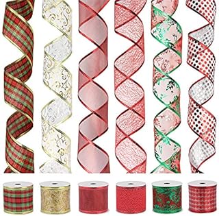 VATIN Christmas Ribbon,Wired Holiday Party Ribbons Assorted Plaid Dot Holly Patterns Decorations, Swirl Sheer Glitter Ribbon 33 Metre (63mm Width x 5.5m Each Roll) - Classical