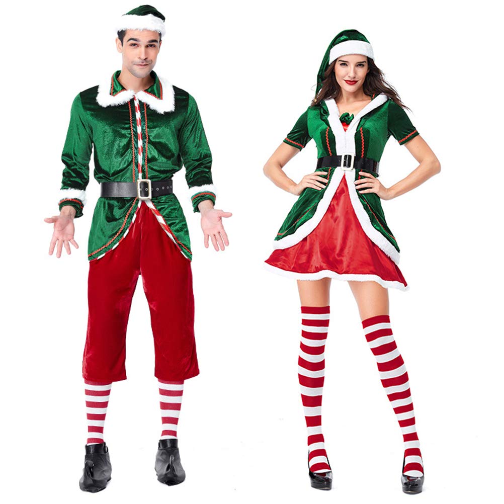 Conjunto de Disfraz de Elfo Navideño Lujoso Kit de Cosplay para Adultos de para Parejas Navidad Halloween Año Nuevo Poliéster Verde