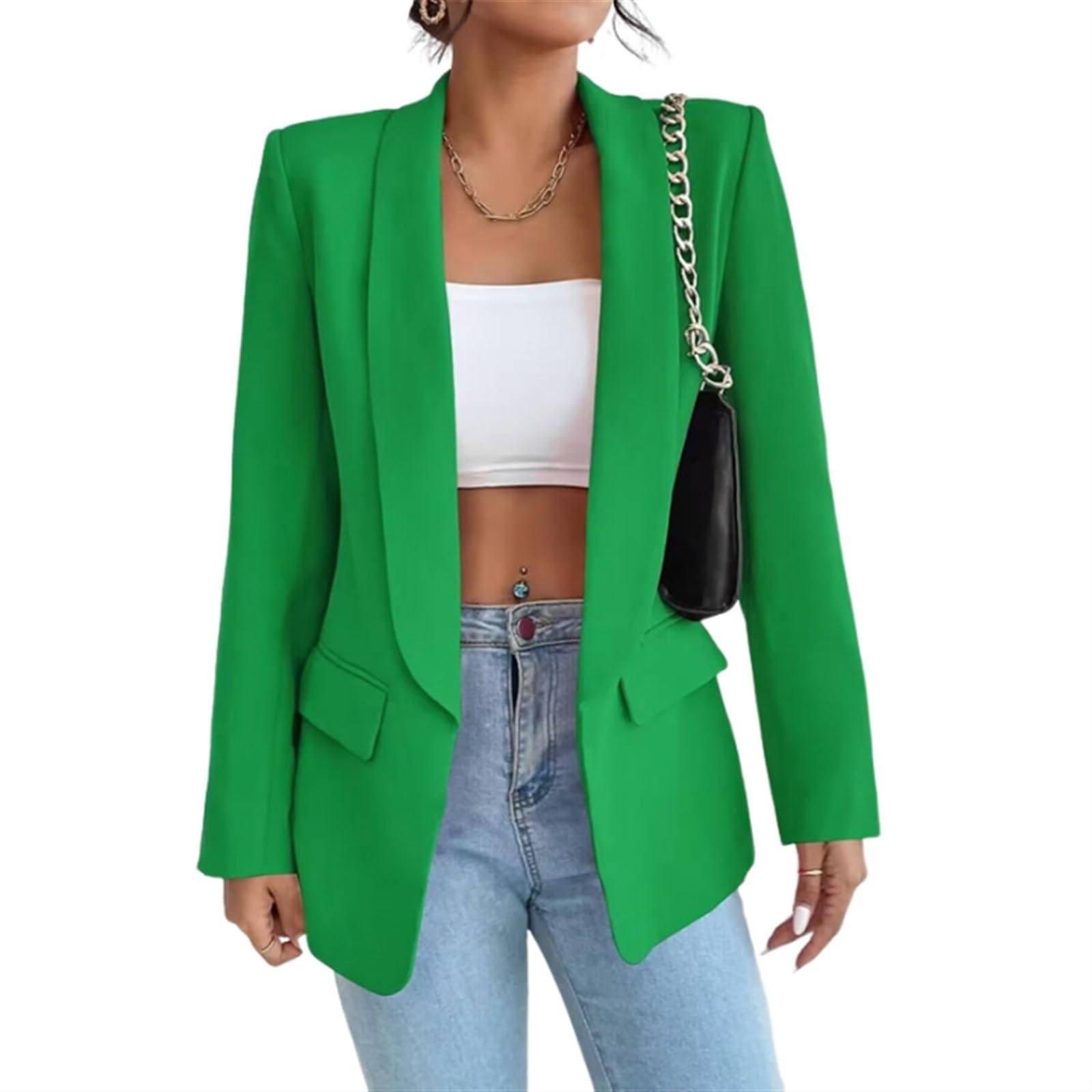 Gerrit Women's Suit Sporty Elegant with Pockets Lapels Suit Jacket Open Front Cardigan Plain Slim Business Long Sleeve Office Jacket Chic Blazer for Wedding (Color : Green, Size : 3XL)