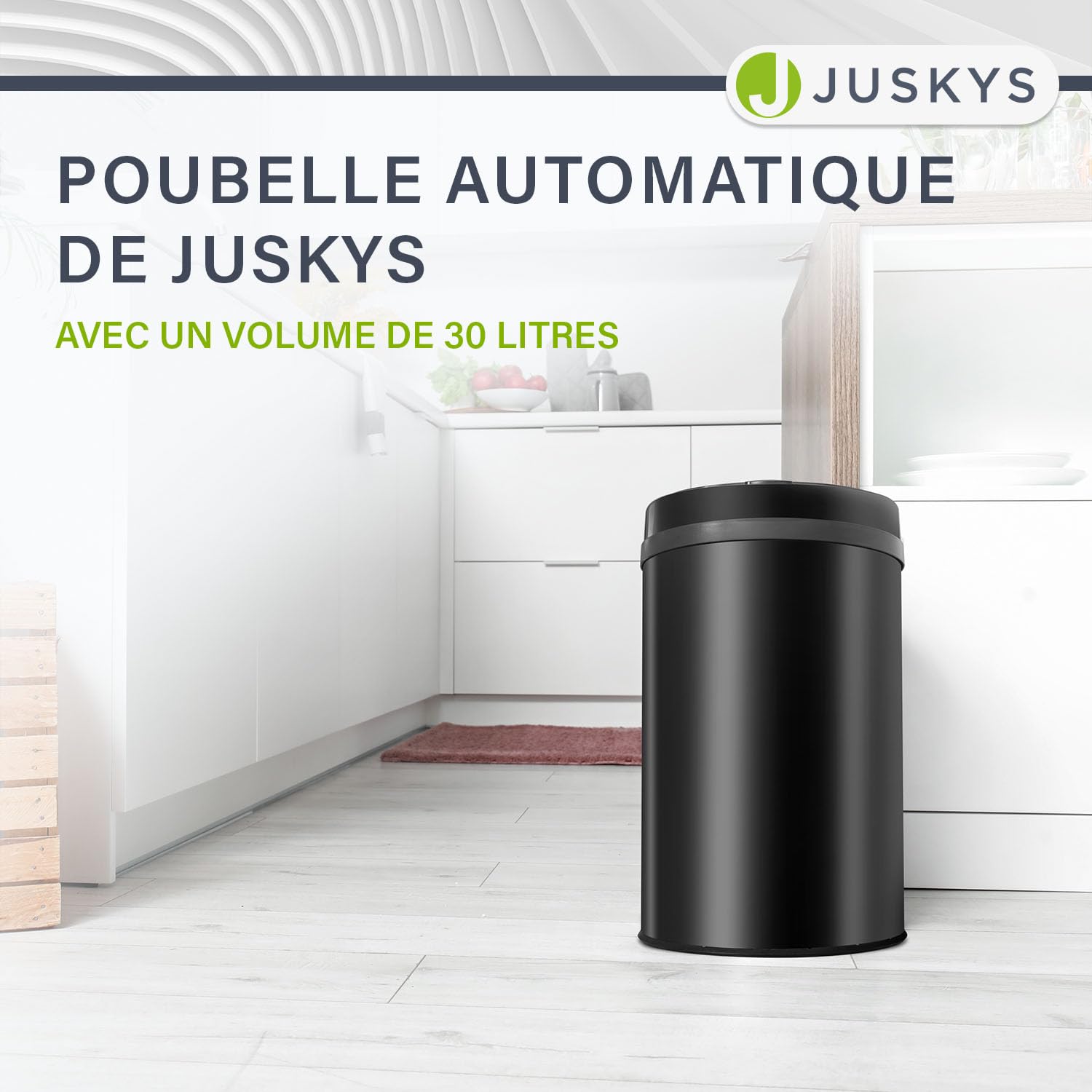Juskys poubelle automatique avec capteur de 30 L - poubelle électrique, détecteur de mouvement, couvercle automatique, étanche, bague de serrage, cuisine - noir