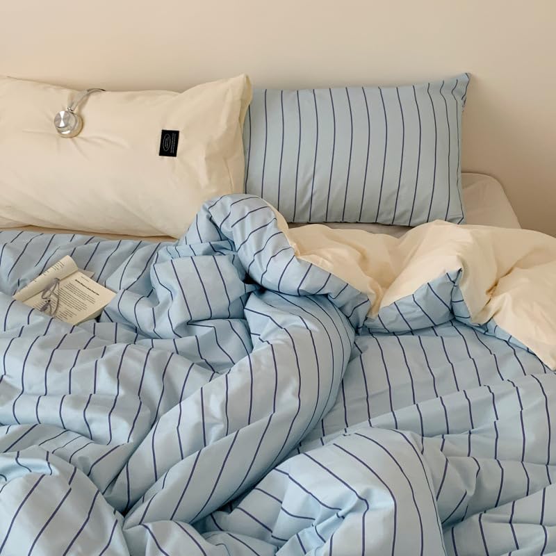 Image of Striped Duvet Cover Twin Blue Striped Beige Reversible Bedding Set