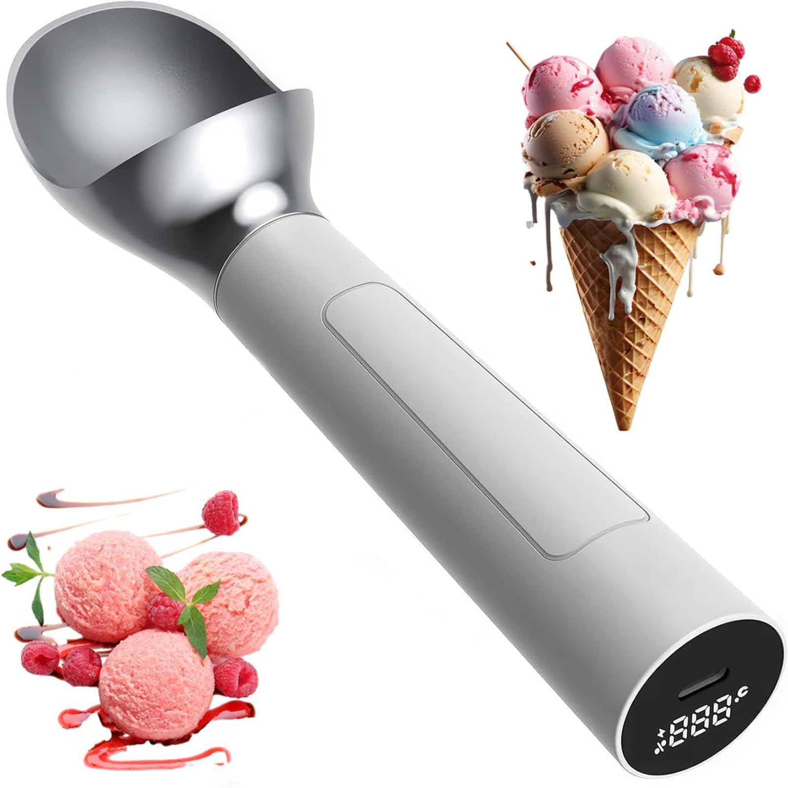 Cuchara de helado calentada con indicador de temperatura, calentamiento rápido a 70 °C, portátil para una fácil recogida, batería de larga duración para uso doméstico