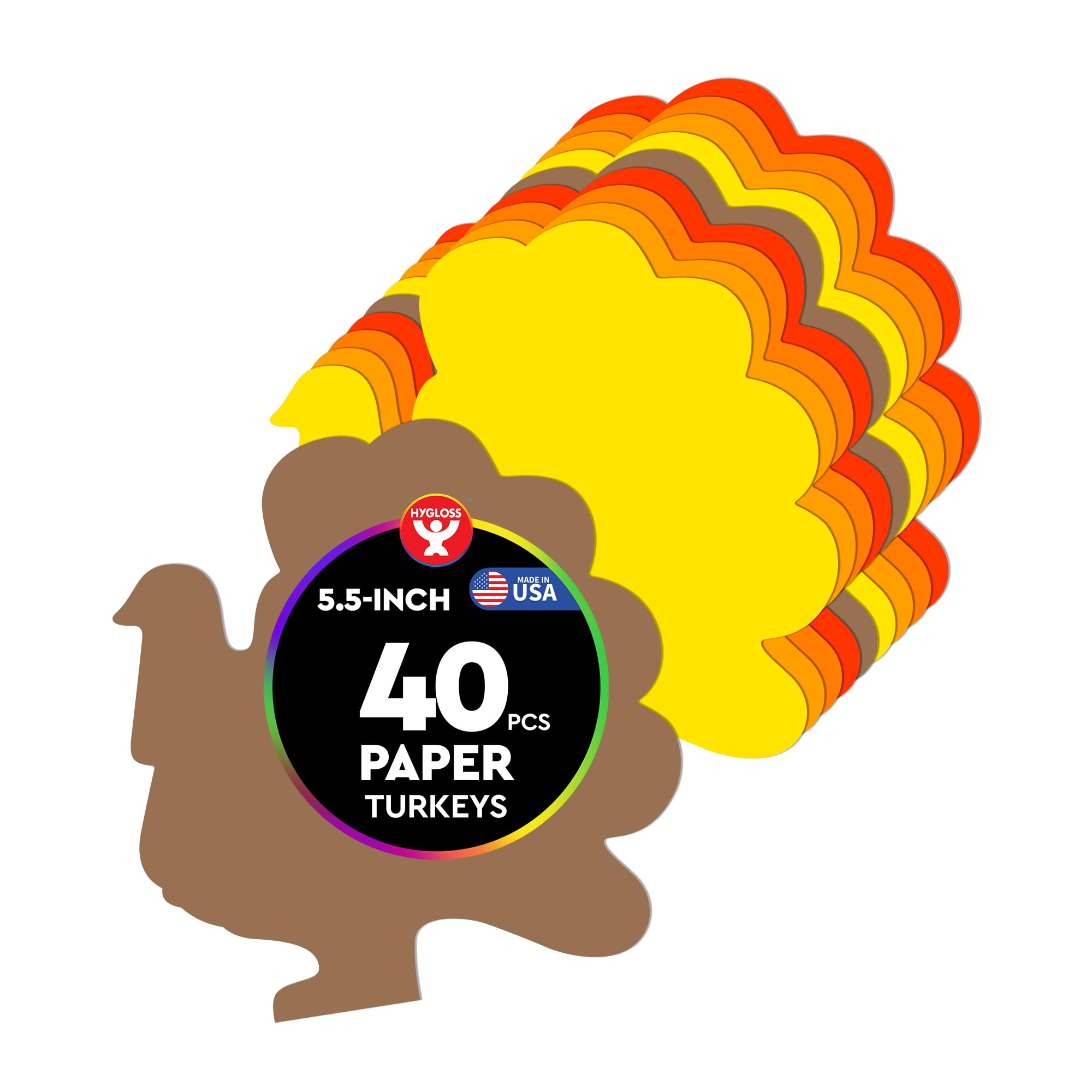 Hygloss Turkey Shape Paper Cut-Outs for Arts &amp; Crafts-Many Creative Uses-Thanksgiving Activities Fall 5.5 Inches-40 Pcs, Assorted Colors