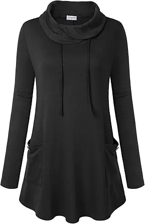 Bulotus Fall Sweaters for Women 2025 Cowl Neck Asymmetrical Long Tunics for Leggings Vacation Travel Tops with Pockets