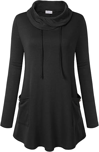 Bulotus Fall Sweaters for Women 2025 Cowl Neck Asymmetrical Long Tunics for Leggings Vacation Travel Tops with Pockets