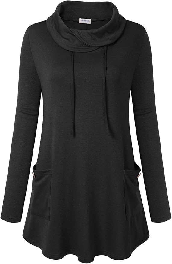 Bulotus Fall Sweaters for Women 2025 Cowl Neck Asymmetrical Long Tunics for Leggings Vacation Travel Tops with Pockets