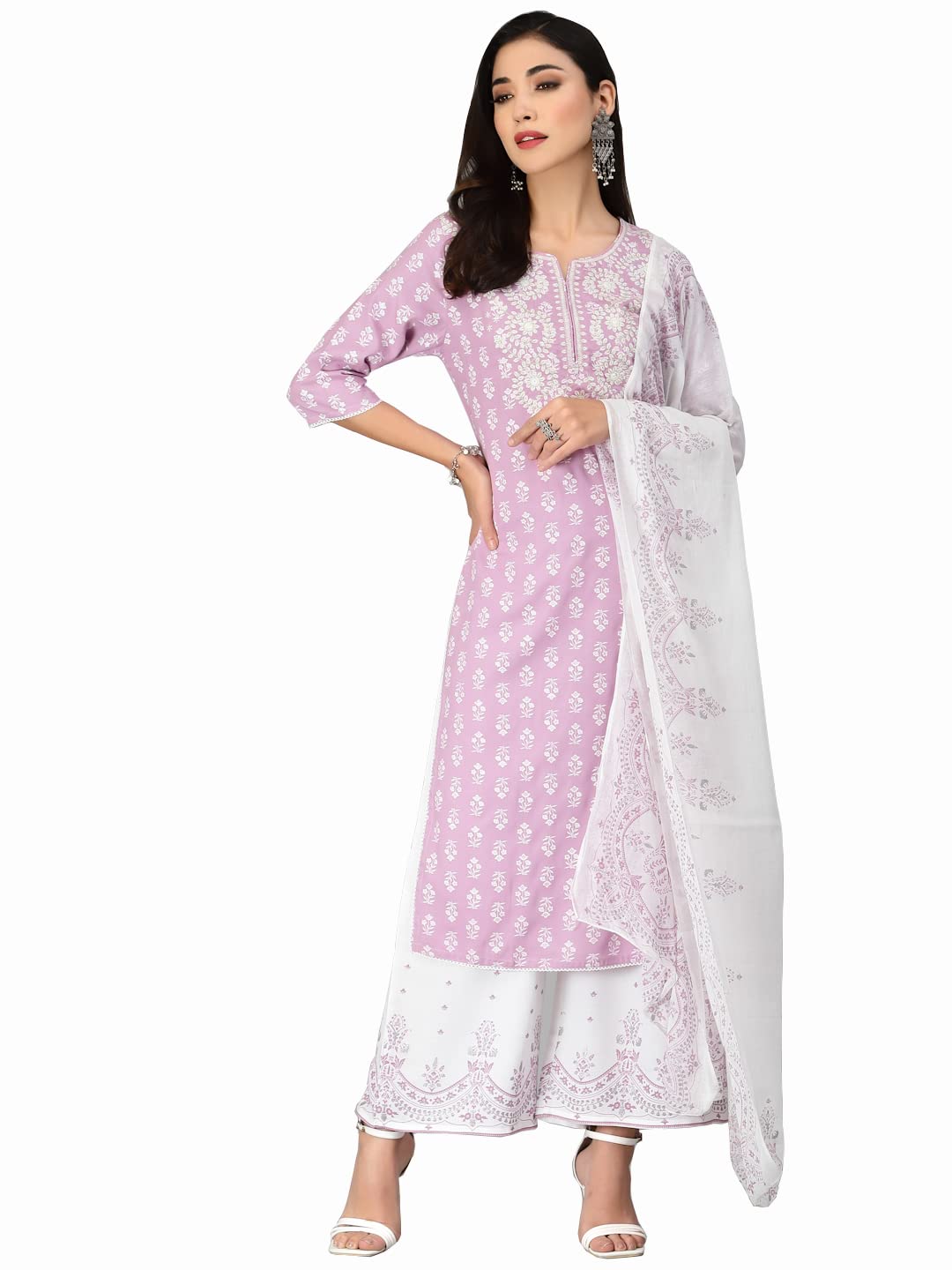 Stylum Women's Embroiderd & Printed Rayon Kurta Pant Dupatta Set (Kpdrangoon44_Lavender, Xxl)